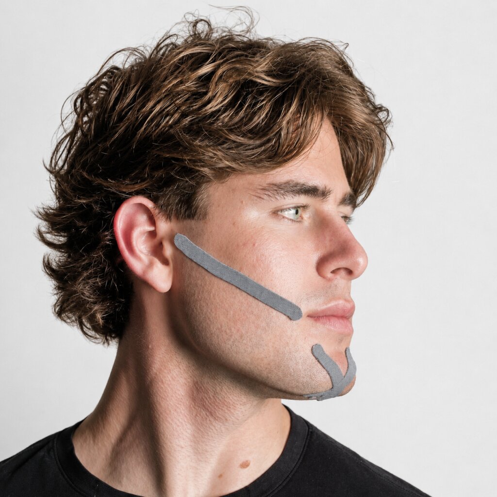 Side profile of a man wearing Zygo Tape jaw and chin strips