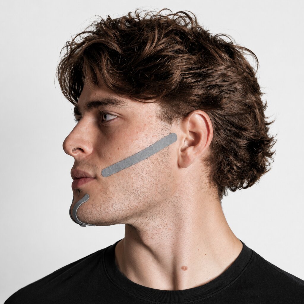 Profile of a man's jawline while wearing Zygo Tape strips