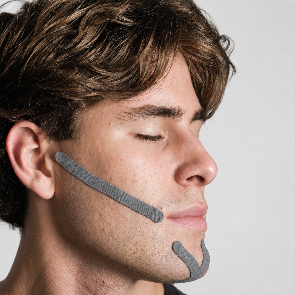 Man with eyes closed wearing Zygo Tape jaw and chin strips