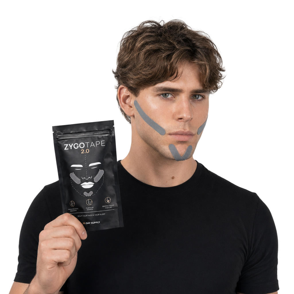 Man wearing Zygo Tape jaw strips and holding a black Zygo Tape 2.0 pouch